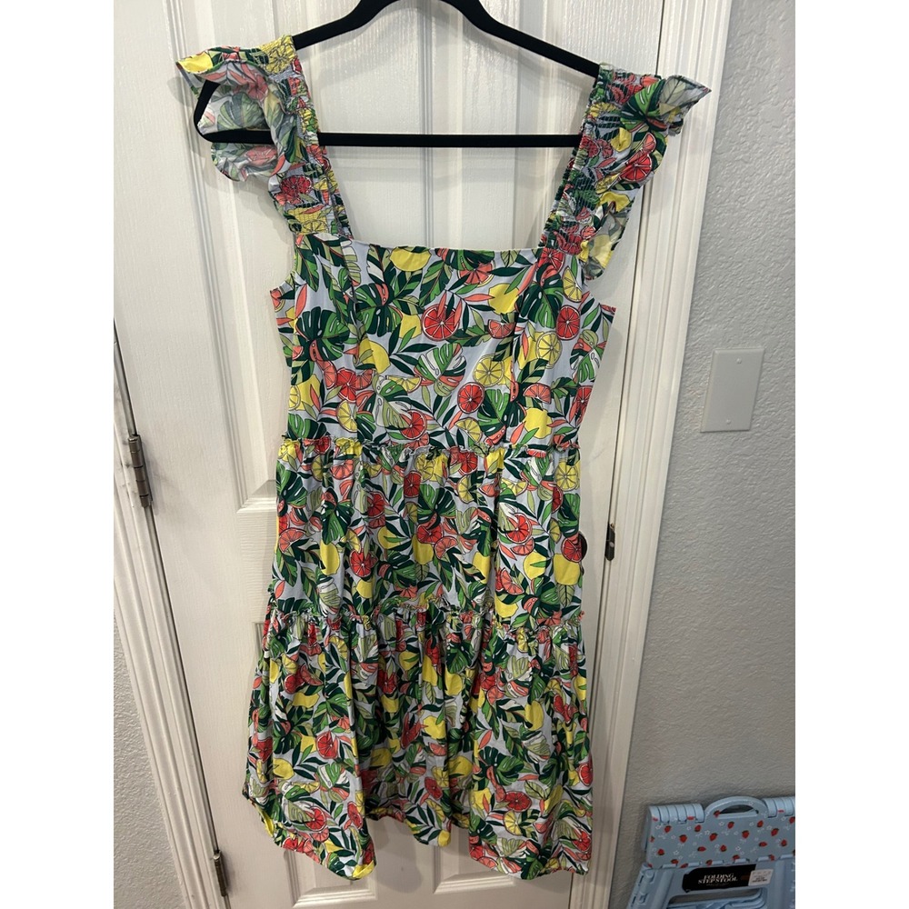 Eliza J Tiered Midi Dress Multicolor Fruit Tropical Print Smocked‎ Ruffle Strap